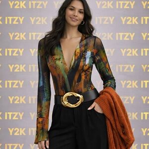 ITZY,Y2K Abstract Print Sheer Mesh Long Sleeve Boho Bodysuit Festival Top,Size M